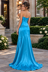 Chic Strapless Blue Satin Empire Mermaid Long Party Prom Dress