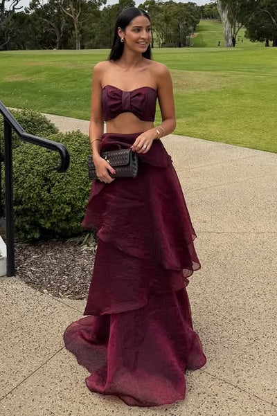 Chic Two Piece Strapless Tiered Tulle A-Line Party Prom Dress