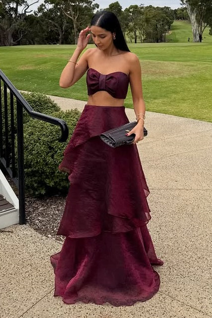 Chic Two Piece Strapless Tiered Tulle A-Line Party Prom Dress