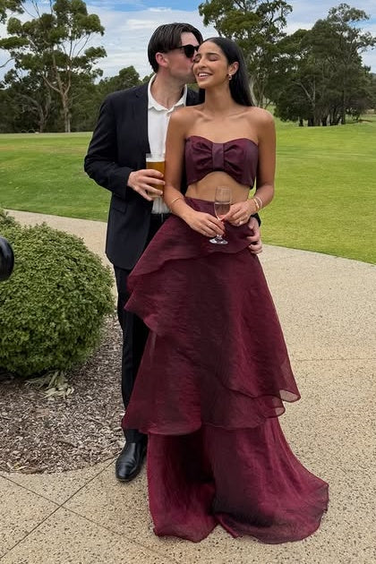 Chic Two Piece Strapless Tiered Tulle A-Line Party Prom Dress