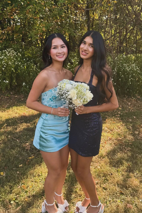 Chic Two Tone Fitted Strapless Lace-Up Mini Party Homecoming Dress 
