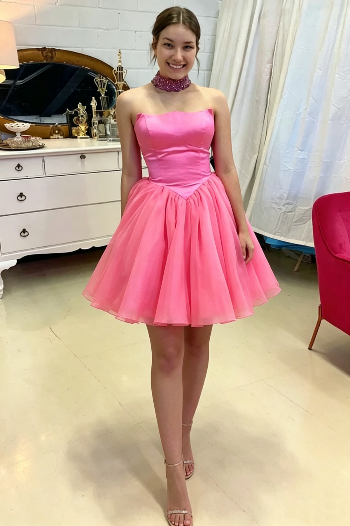 Chic Two Tone Strapless A-Line High Waist Homecoming Dress