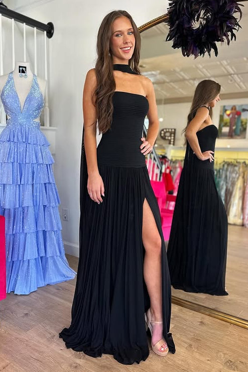 Chiffon A-Line Strapless Backless Party Prom Dress With Split