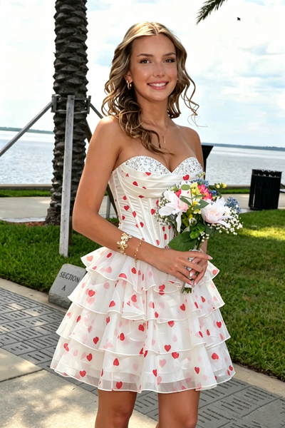 Chiffon A-Line Strapless Lace-Up Tiered Print Homecoming Dress