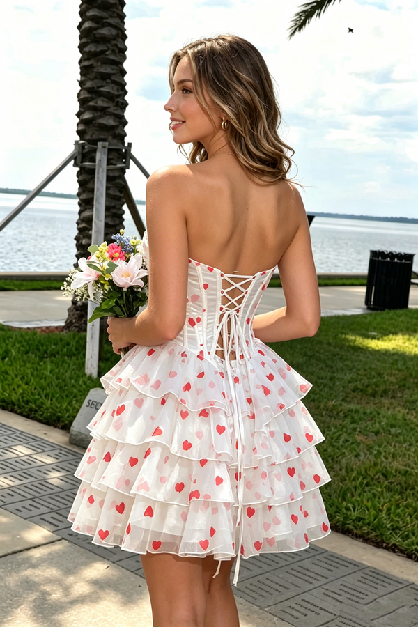 Chiffon A-Line Strapless Lace-Up Tiered Print Homecoming Dress