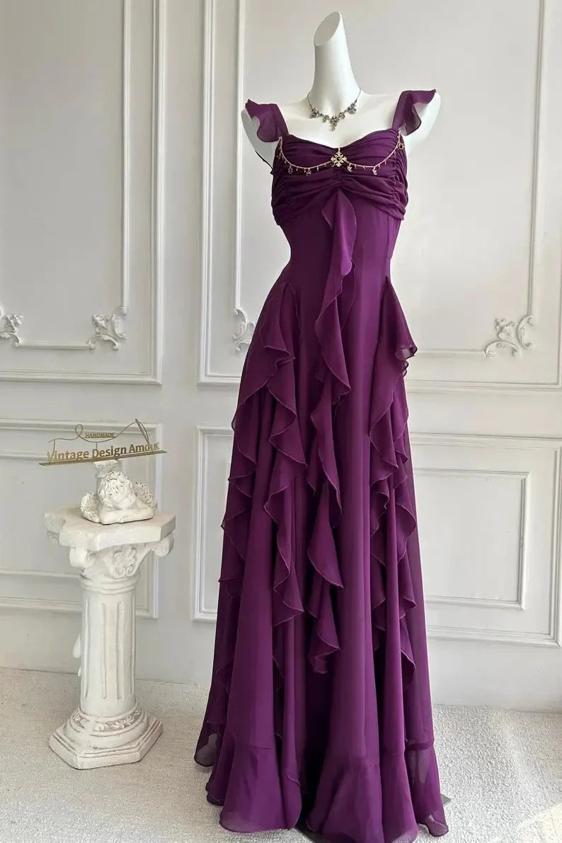 Chiffon A-Line Straps Backless Tiered Ruffle Long Party Prom Dress
