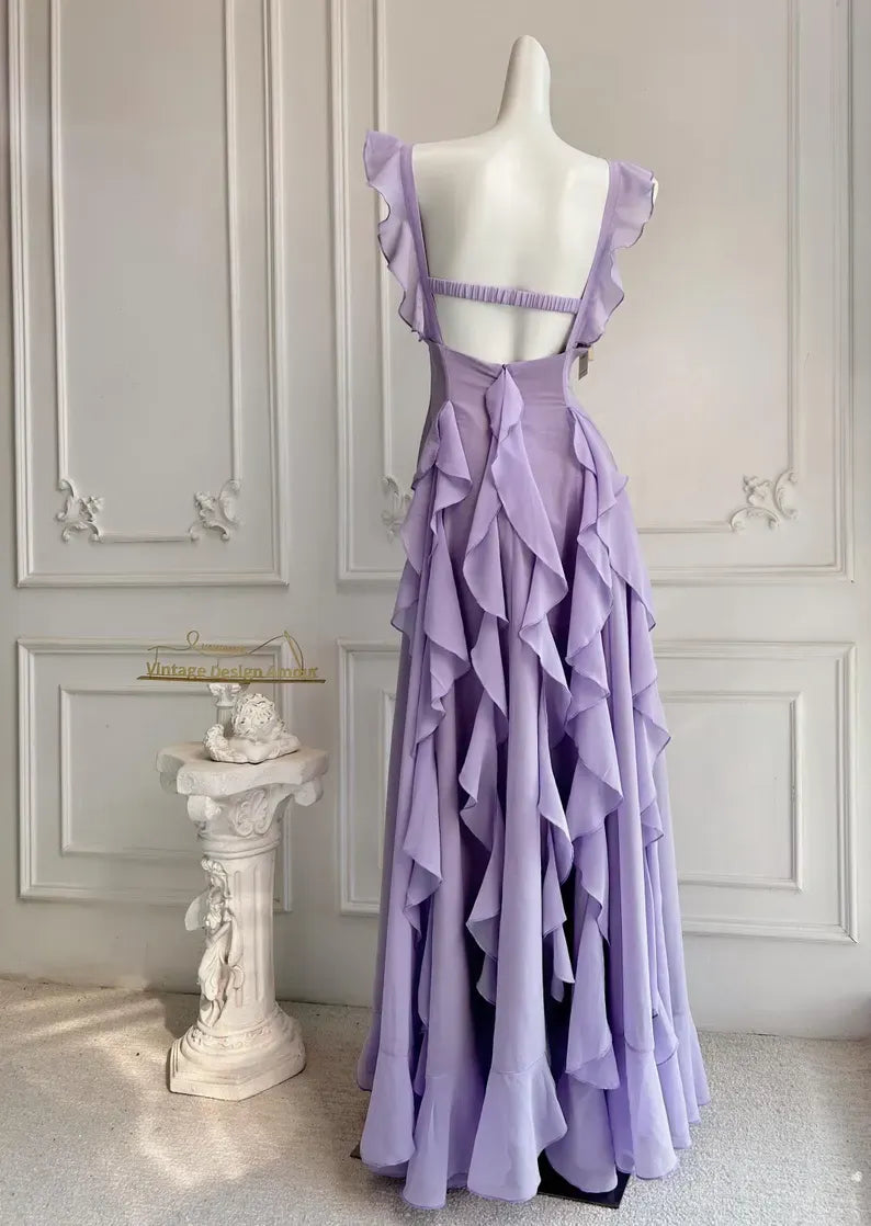 Chiffon A-Line Straps Backless Tiered Ruffle Long Party Prom Dress
