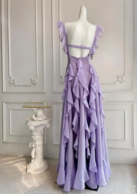 Chiffon A-Line Straps Backless Tiered Ruffle Long Party Prom Dress