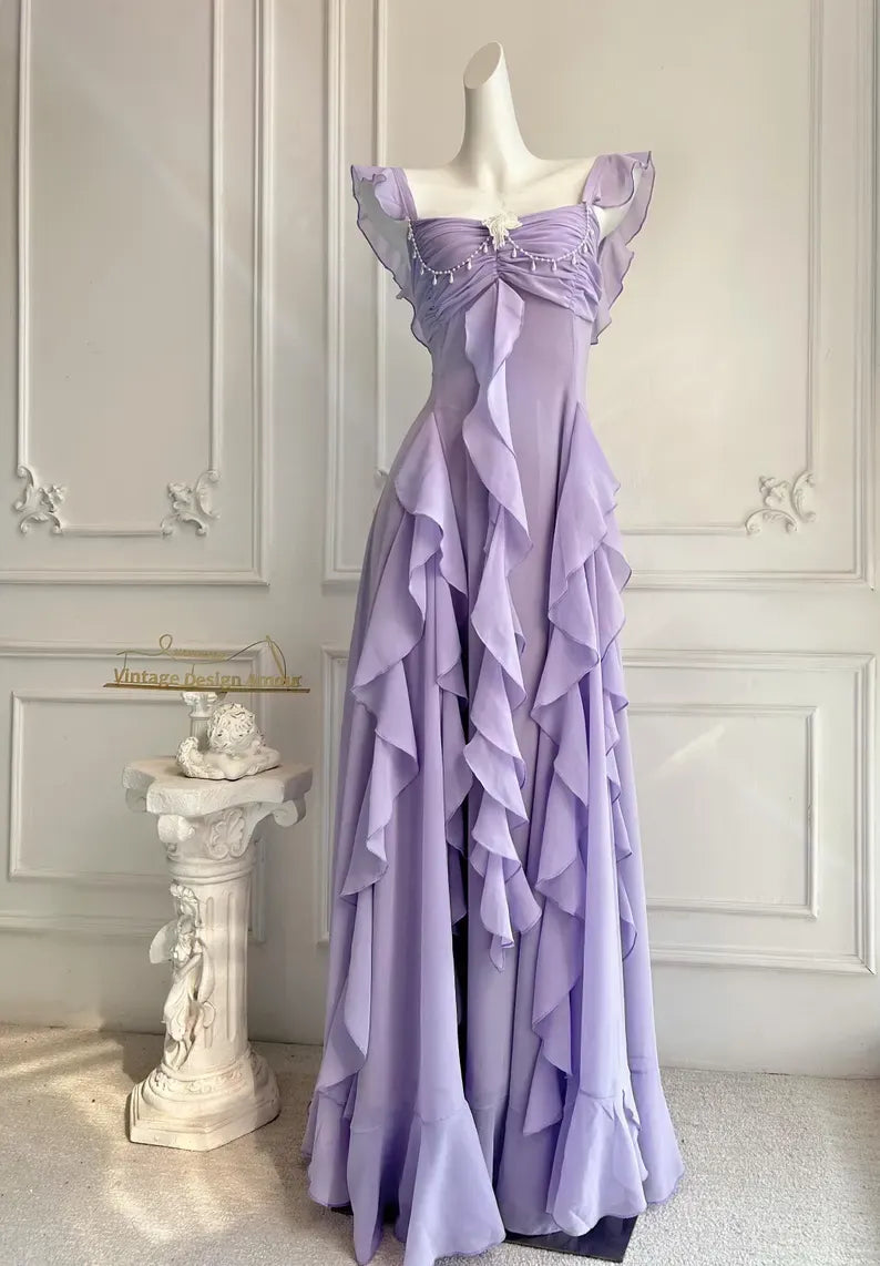 Chiffon A-Line Straps Backless Tiered Ruffle Long Party Prom Dress