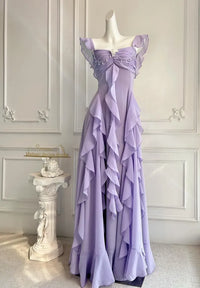 Chiffon A-Line Straps Backless Tiered Ruffle Long Party Prom Dress