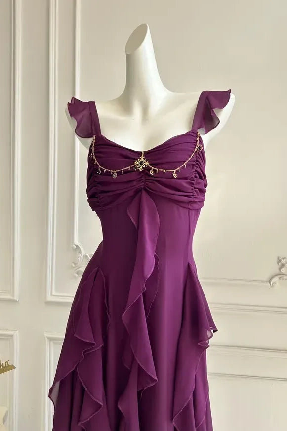 Chiffon A-Line Straps Backless Tiered Ruffle Long Party Prom Dress
