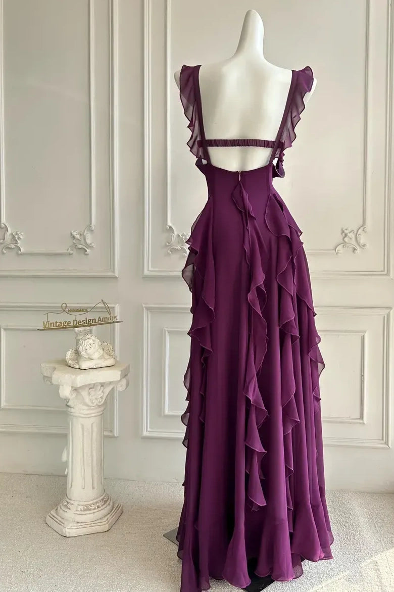 Chiffon A-Line Straps Backless Tiered Ruffle Long Party Prom Dress