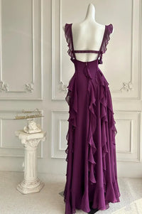 Chiffon A-Line Straps Backless Tiered Ruffle Long Party Prom Dress