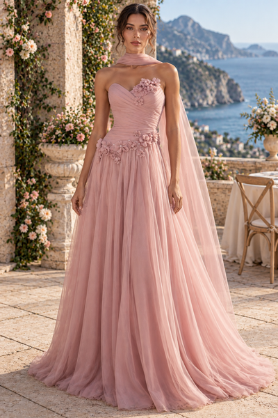 Chiffon A-Line Sweetheart Strapless Pleated Floral Appliques Party Prom Dress
