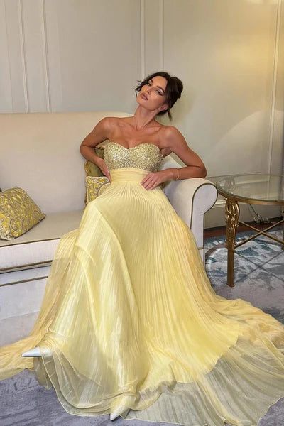 Chiffon A-Line Sweetheart Strapless Pleated Party Prom Dress