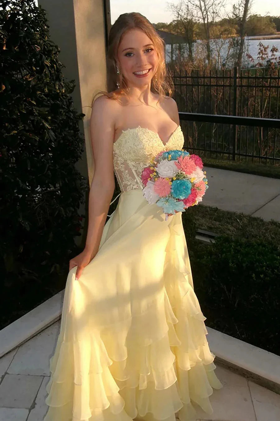 Sweetheart Applique Chiffon Ruffle Prom Dress with Slit