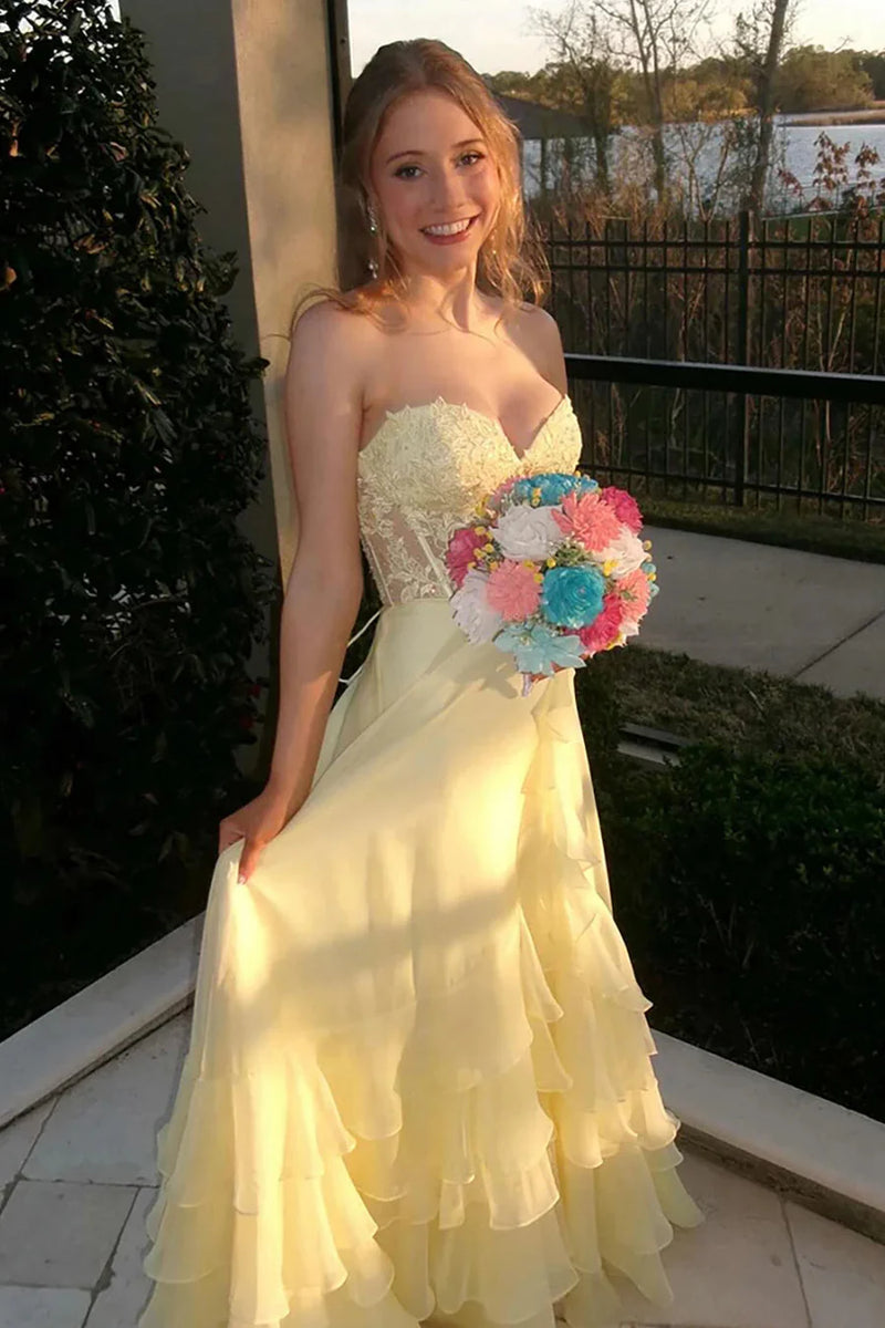 Sweetheart Applique Chiffon Ruffle Prom Dress with Slit