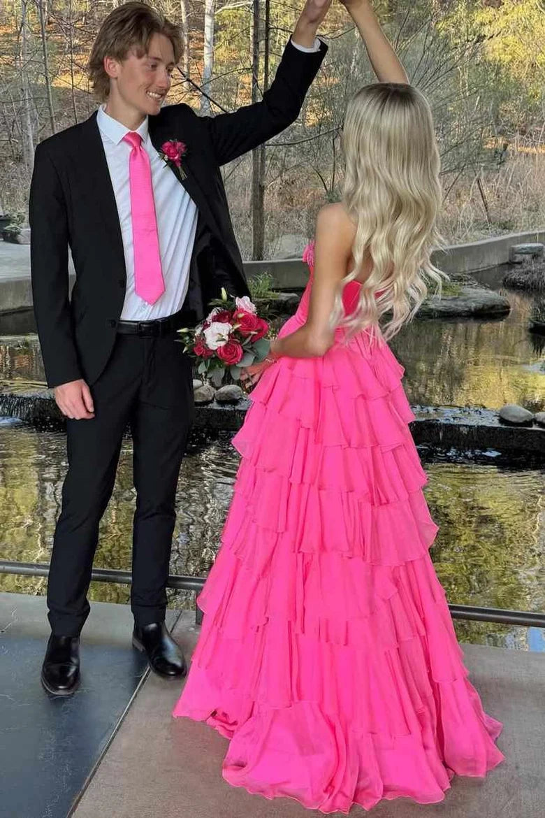 Chiffon A-Line Tiered Empire Sweetheart Strapless Party Prom Dress