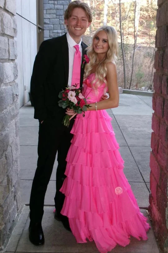 Chiffon A-Line Tiered Empire Sweetheart Strapless Party Prom Dress