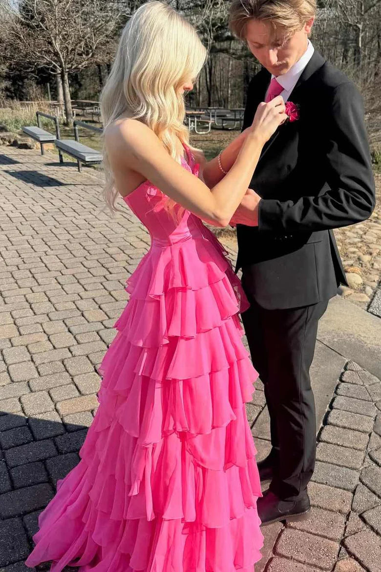 Chiffon A-Line Tiered Empire Sweetheart Strapless Party Prom Dress