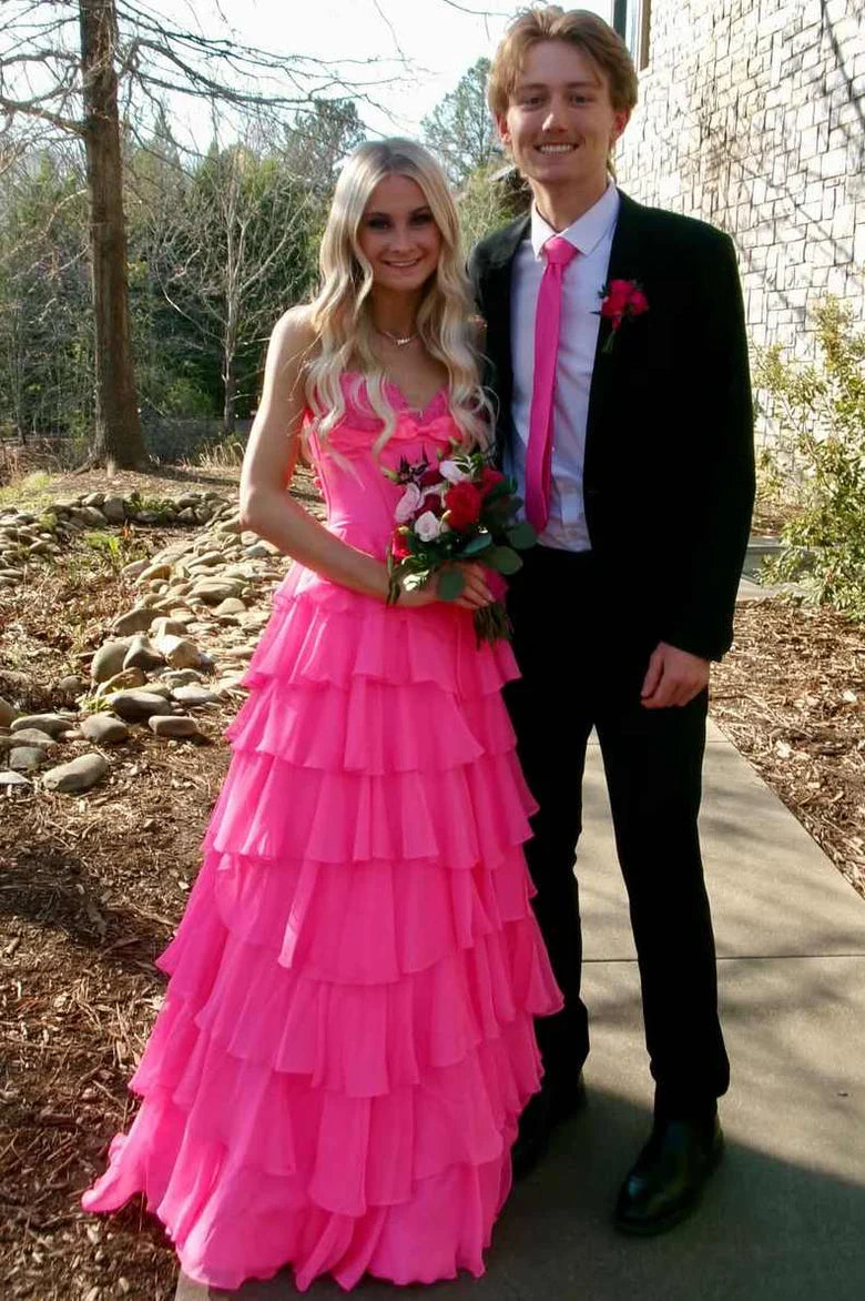Chiffon A-Line Tiered Empire Sweetheart Strapless Party Prom Dress