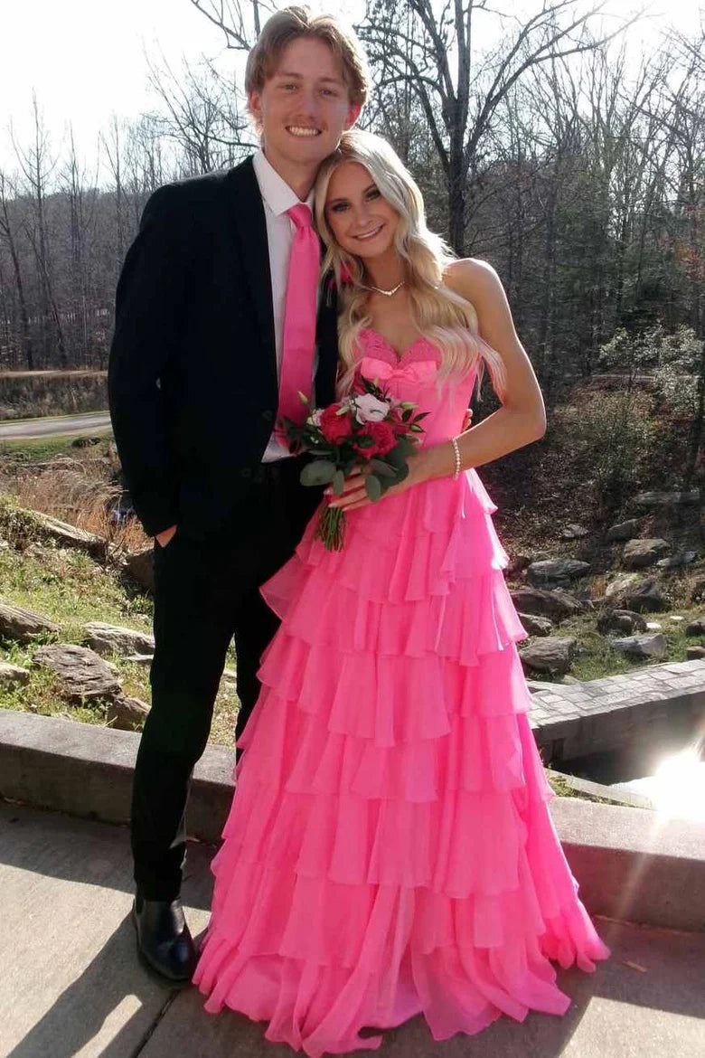 Chiffon A-Line Tiered Empire Sweetheart Strapless Party Prom Dress
