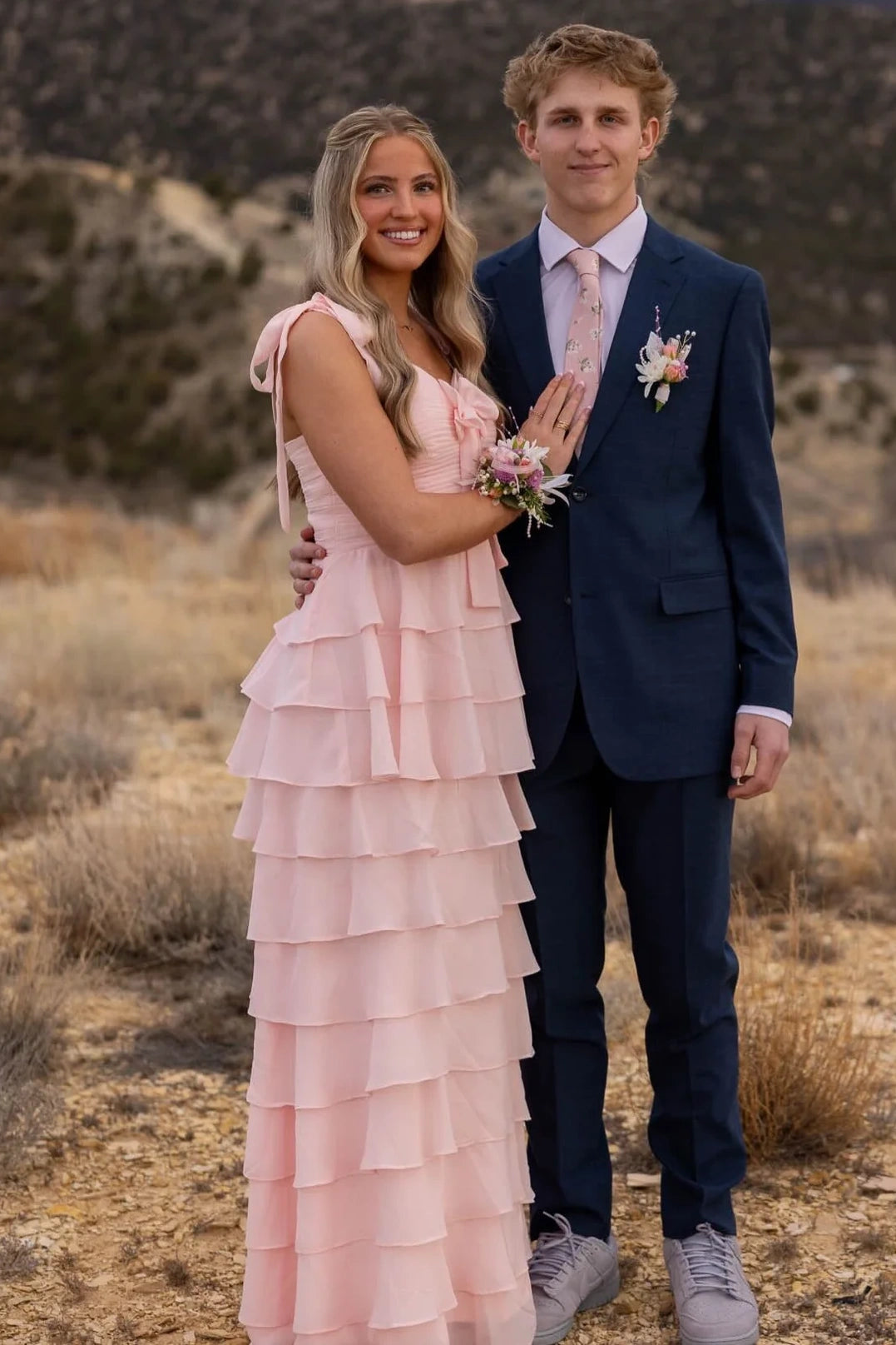 Chiffon A-Line Tiered Sweetheart Straps Maxi A-Line Party Prom Dress