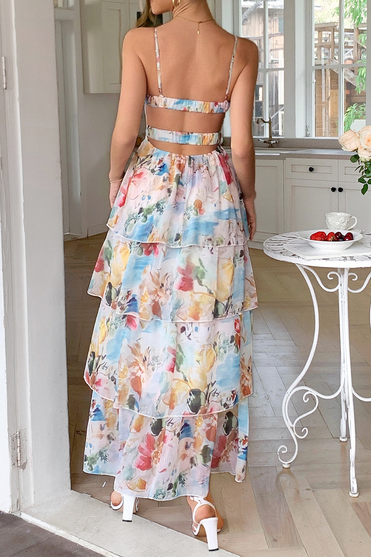 Chiffon A-Line V-Neck Floral Tiered Party Evening Dress