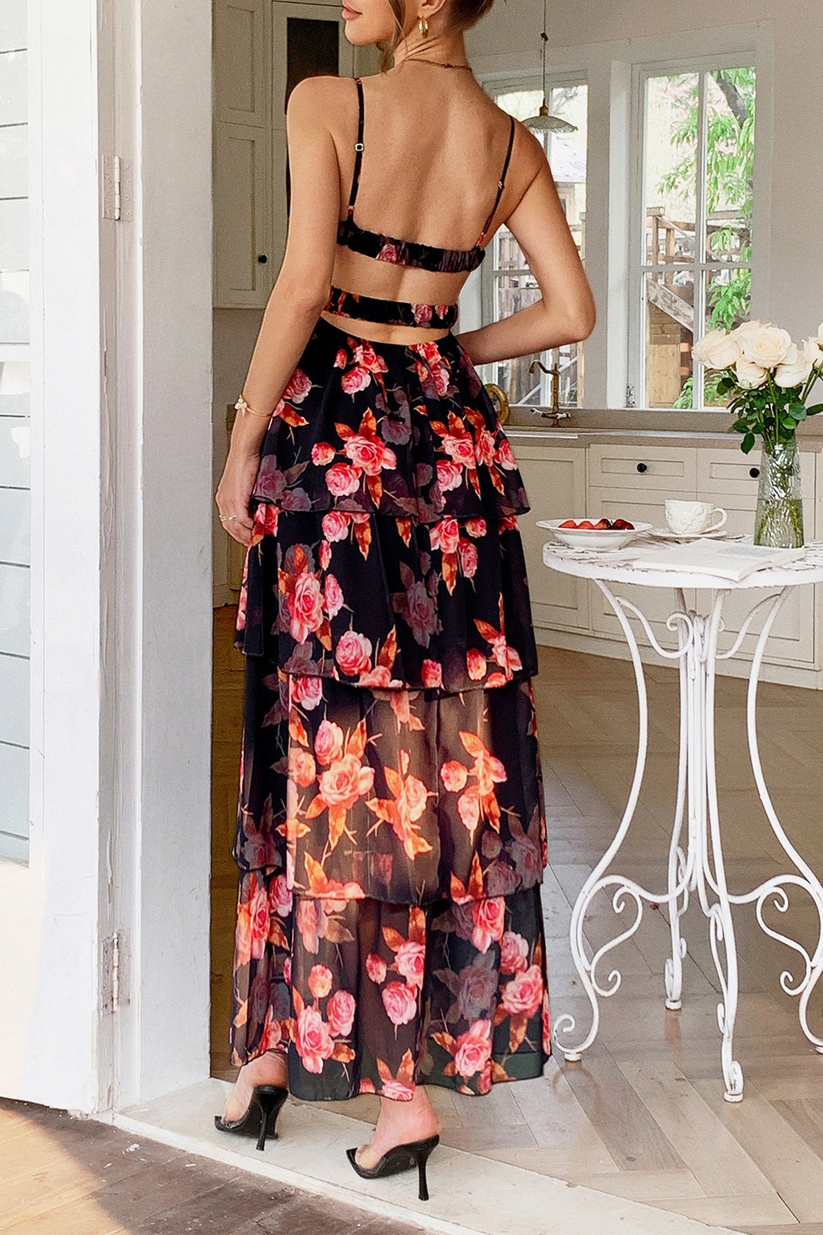 Chiffon A-Line V-Neck Floral Tiered Party Evening Dress