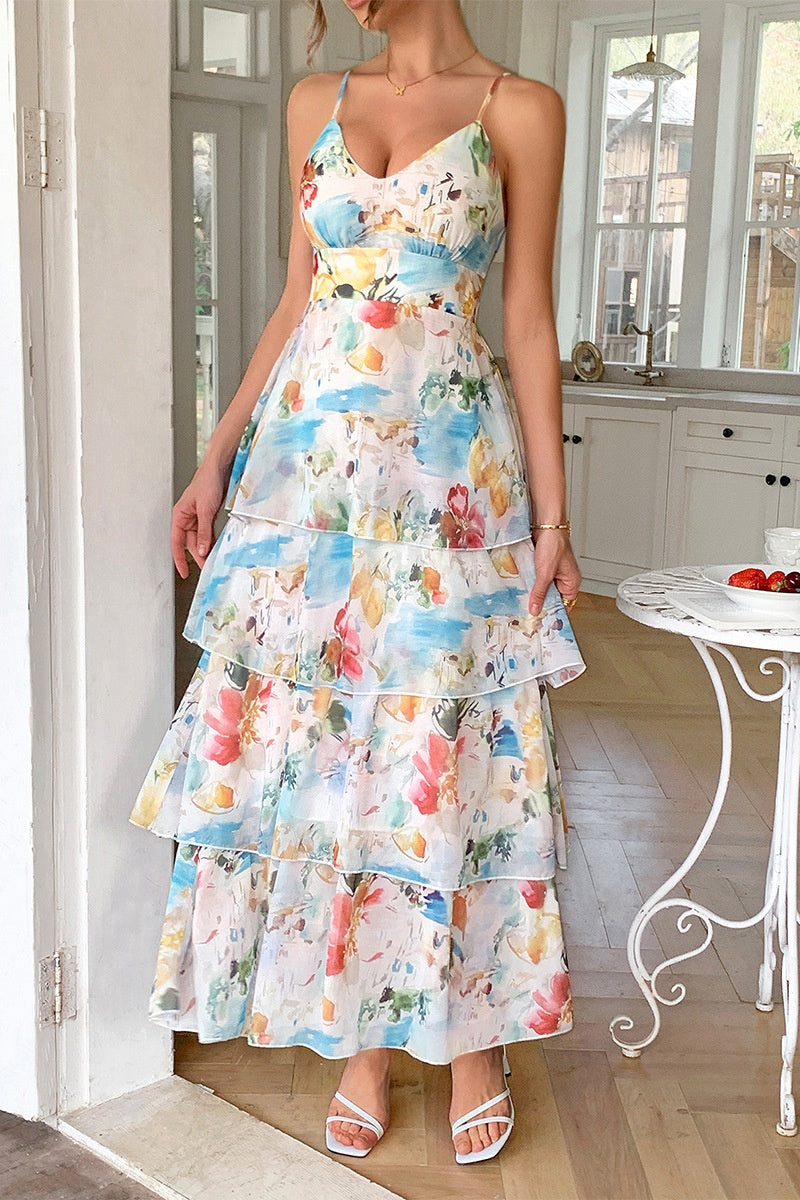 Chiffon A-Line V-Neck Floral Tiered Party Evening Dress