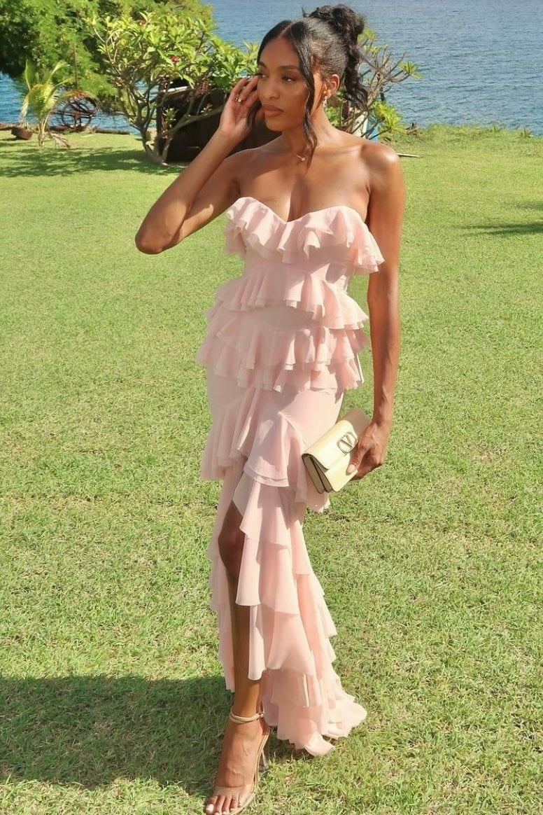 Chiffon Strapless High Waist Tiered Ruffle Split Prom Evening Dress