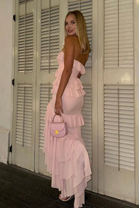 Chiffon Strapless High Waist Tiered Ruffle Split Prom Evening Dress