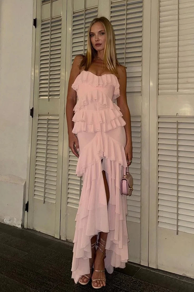 Chiffon Strapless High Waist Tiered Ruffle Split Prom Evening Dress
