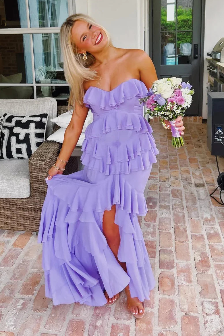 Chiffon Strapless High Waist Tiered Ruffle Split Prom Evening Dress