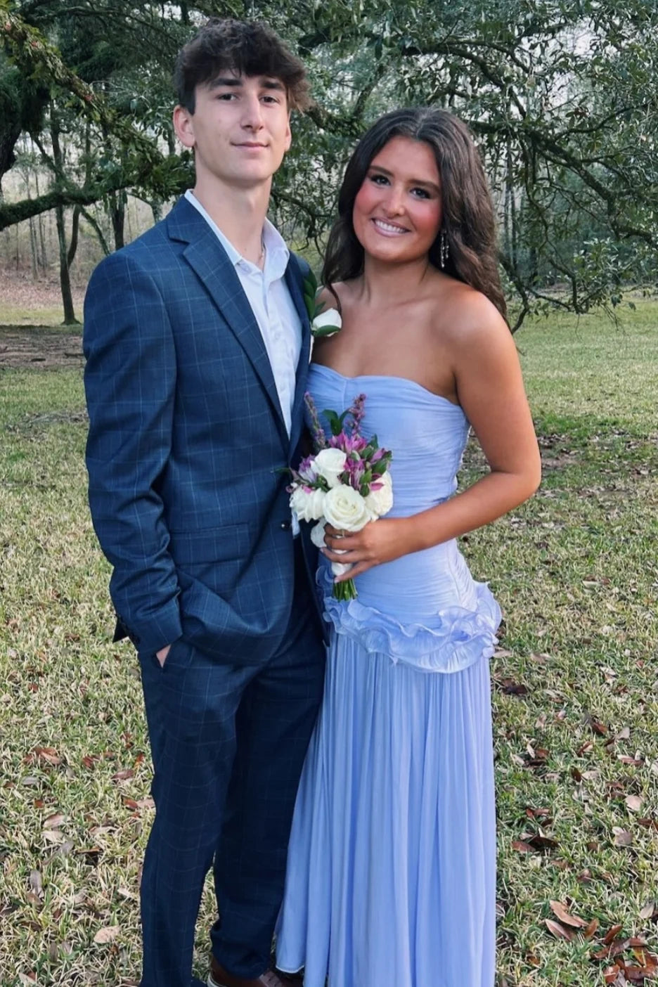 Chiffon Strapless Ruffle Pleated A-Line Long Party Prom Dress