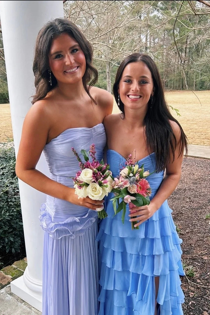 Chiffon Strapless Ruffle Pleated A-Line Long Party Prom Dress