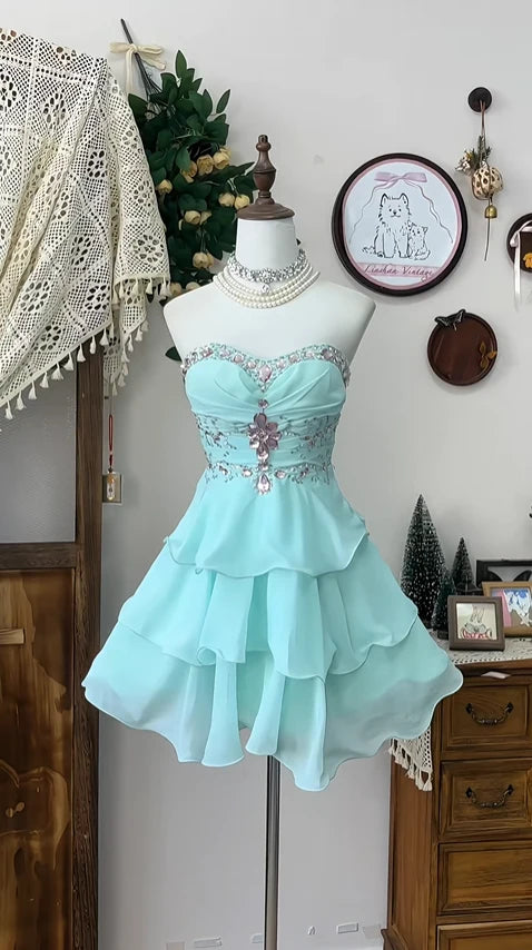 Chiffon Sweetheart Strapless Beaded Appliques Tiered A-Line Homecoming Dress 