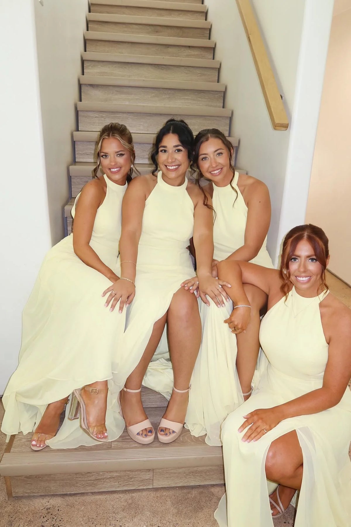 Chiffon Yellow High Neck Sleeveless A-Line Split Bridesmaid Dress