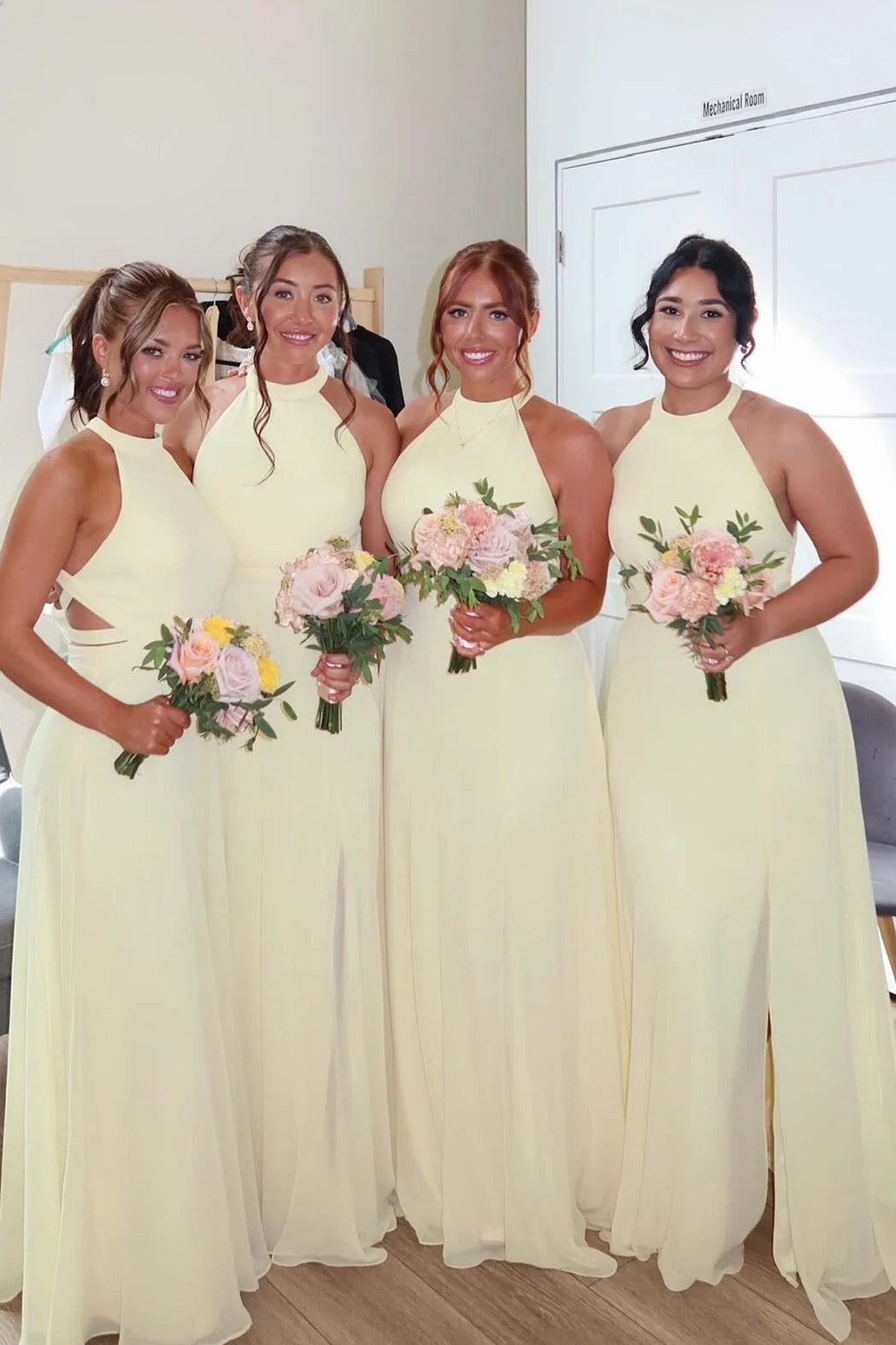 Chiffon Yellow High Neck Sleeveless A-Line Split Bridesmaid Dress