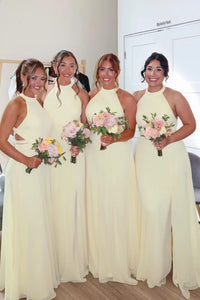 Chiffon Yellow High Neck Sleeveless A-Line Split Bridesmaid Dress
