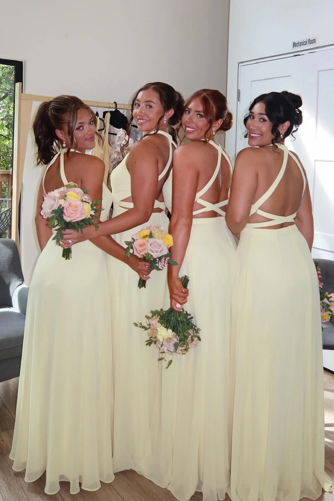 Chiffon Yellow High Neck Sleeveless A-Line Split Bridesmaid Dress
