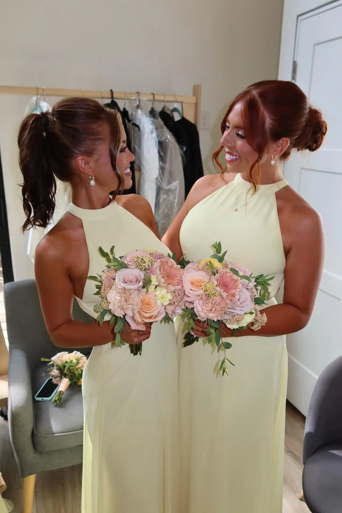 Chiffon Yellow High Neck Sleeveless A-Line Split Bridesmaid Dress