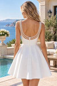 Classic A-Line Satin Pearl Scoop Open Back Mini Party Homecoming Dress