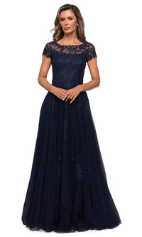 Classic A-Line Short Sleeves Tulle And Lace Appliques Mother Of Bride Dress