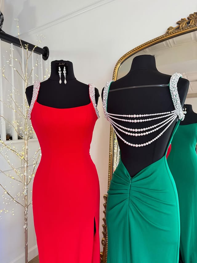 Classic Bateau Beaded Straps Open Back Mermaid Split Party Prom Dress