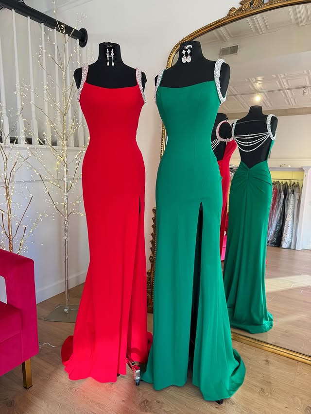 Classic Bateau Beaded Straps Open Back Mermaid Split Party Prom Dress