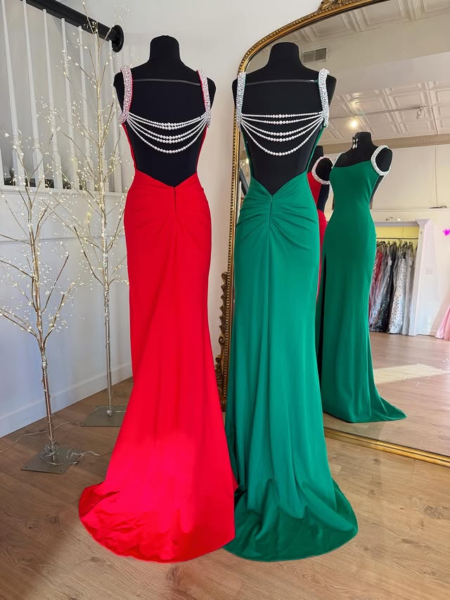 Classic Bateau Beaded Straps Open Back Mermaid Split Party Prom Dress