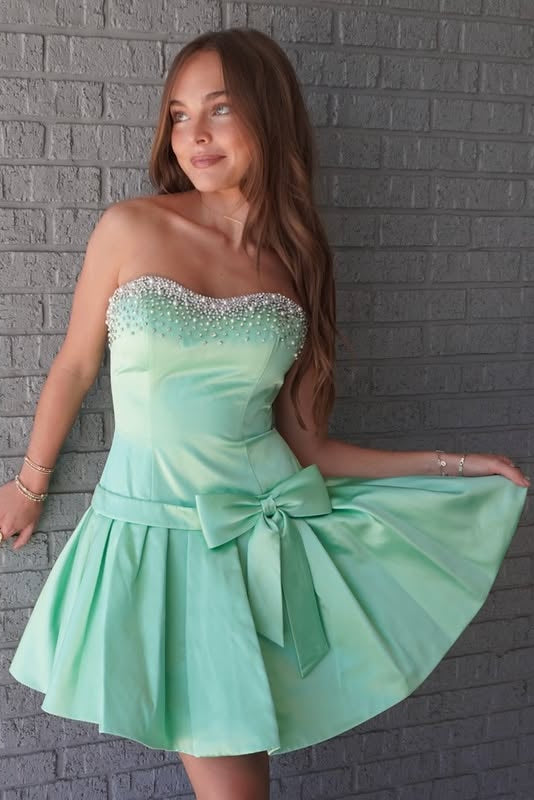 Classic Beaded Top A-Line Strapless Satin Homecoming Dress