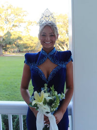Classic Blue Velvet Mermaid Cap Sleeves Split Party Prom Dress