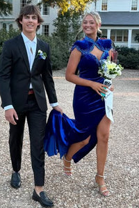 Classic Blue Velvet Mermaid Cap Sleeves Split Party Prom Dress
